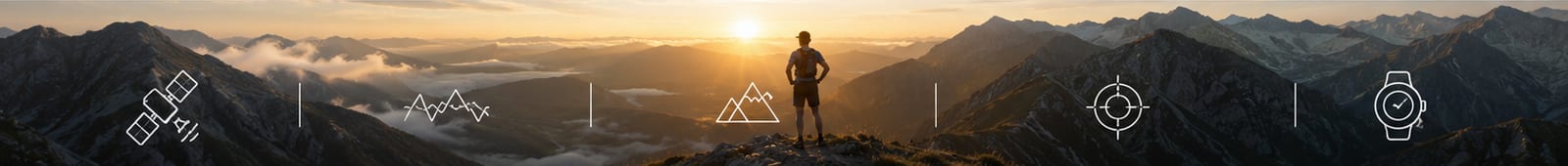 A runner at a sunset summit next to icons for a satellite, a profile, a peak, a target, and a watch