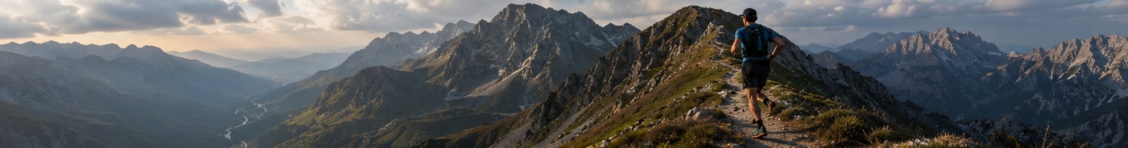A trail runner on a mountain ridge at sunset