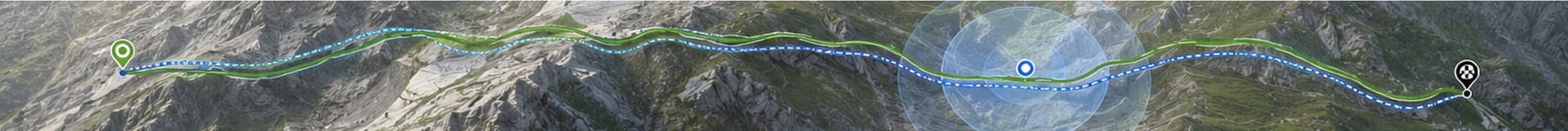 The real route along a ridge and the recorded GPS track drifting apart, with an error radius shown