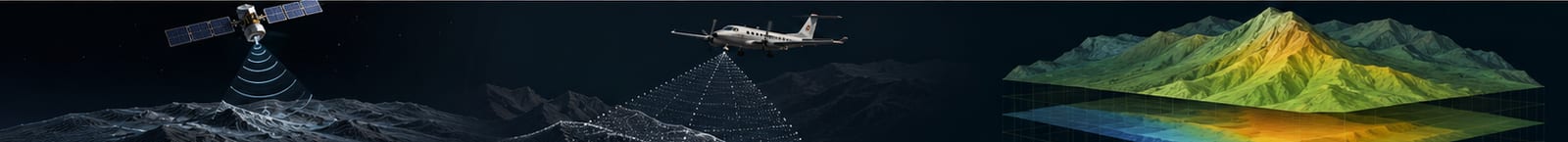 A satellite, a lidar survey aircraft, and a 3D terrain model — three ways to get elevation