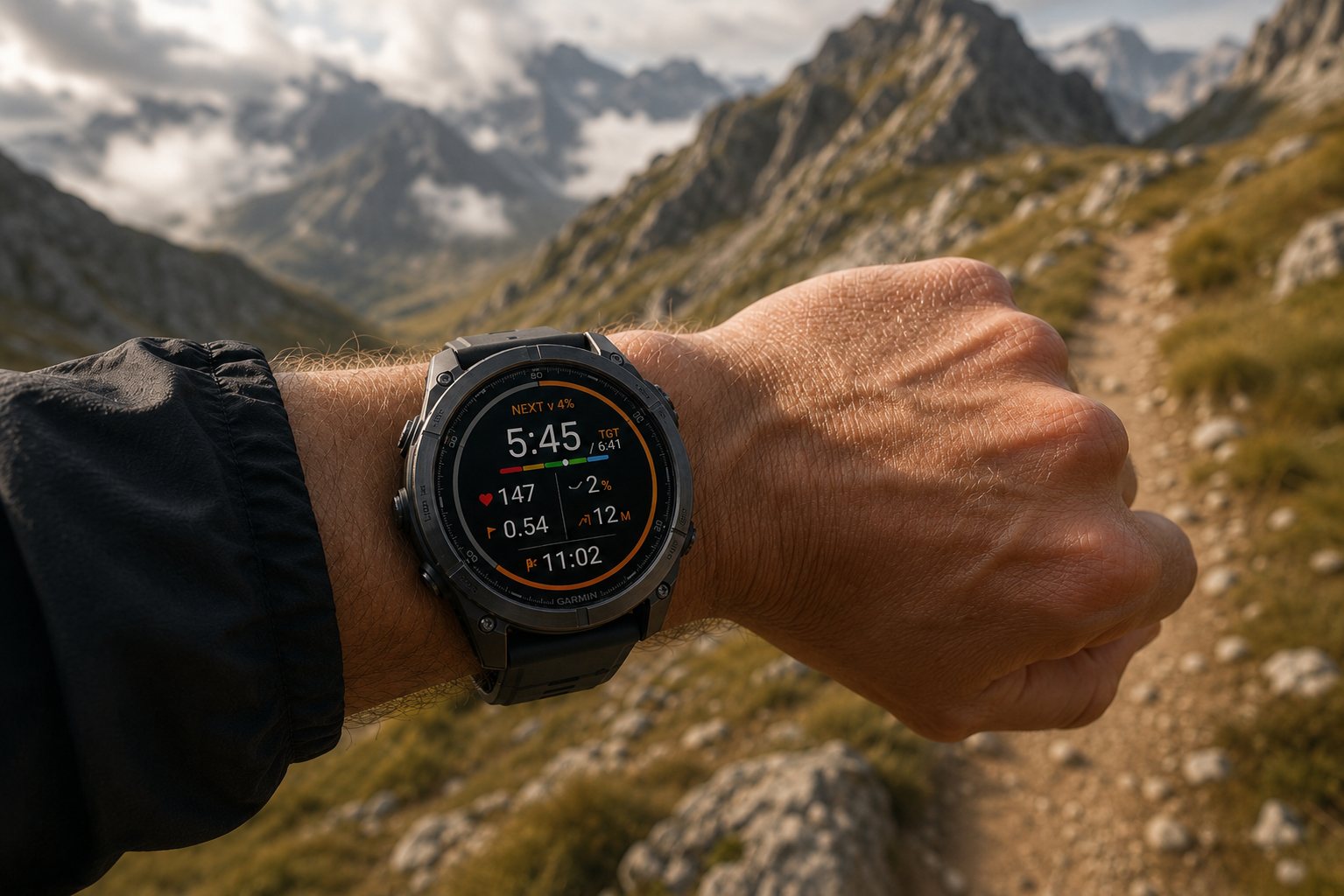 A watch screen on a mountain trail